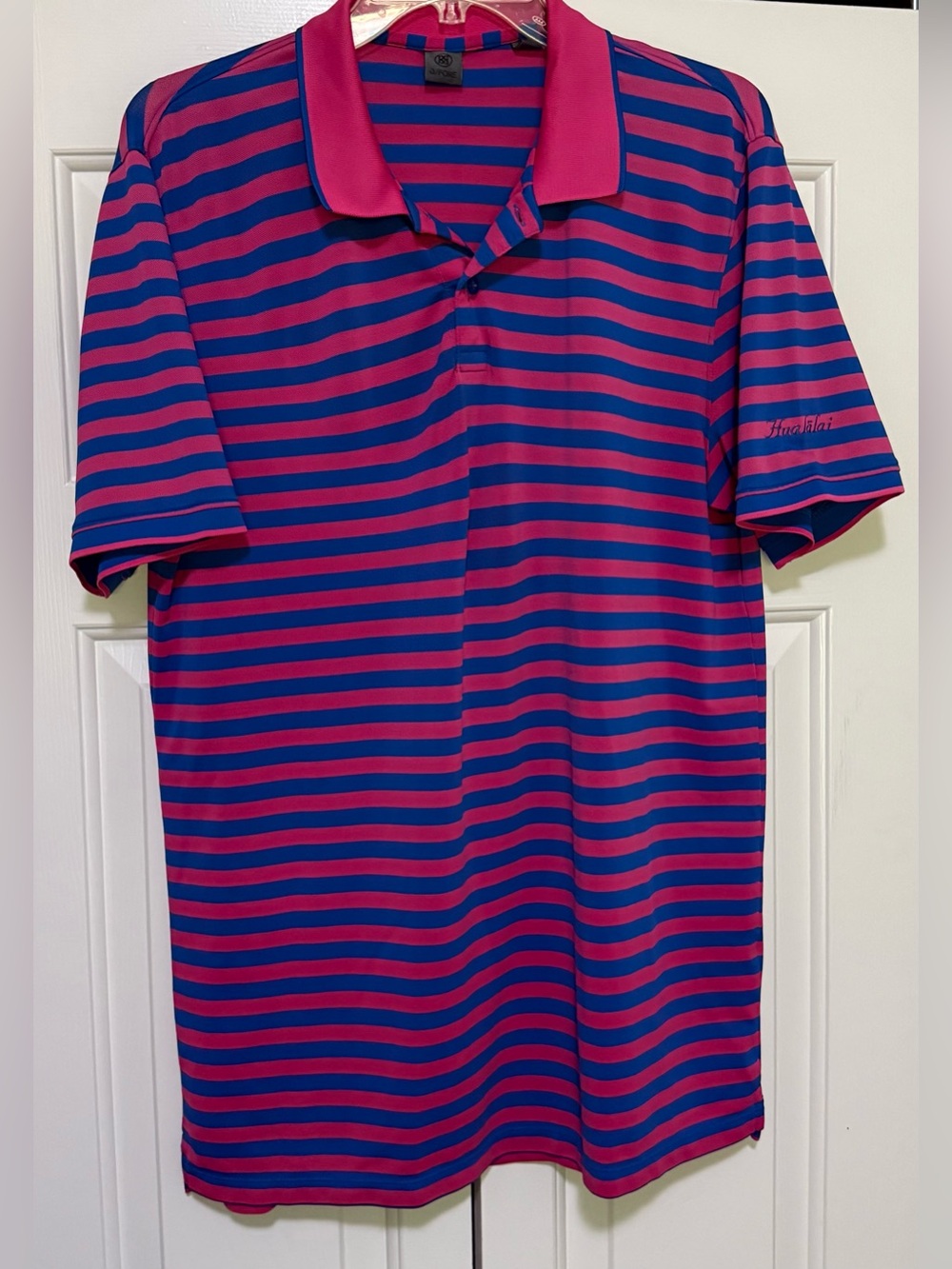 G/Fore Hualalai Golf Resort Mens Large Pink Blue Striped Polyester Polo Shirt